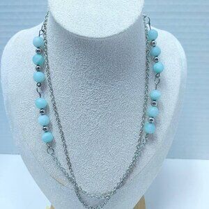 3/$30 Fashion Necklace 26" Silver Tone Chain W/Pale blue Amazonite Beads